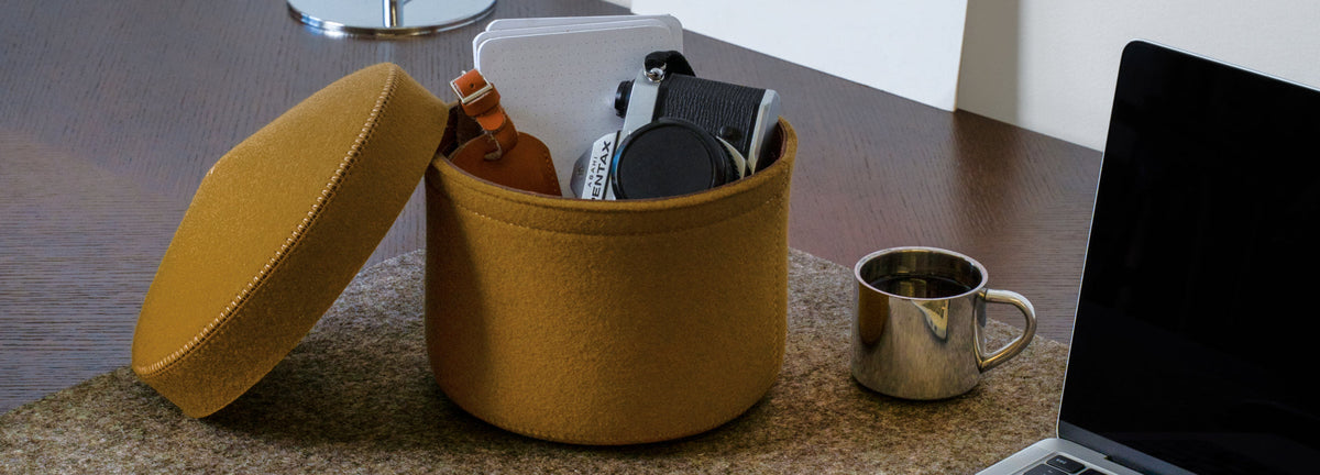 Two pairs of sunglasses, one black and one tortoiseshell, rest in a felt-lined tray on a wooden surface next to a keychain and a green plant.