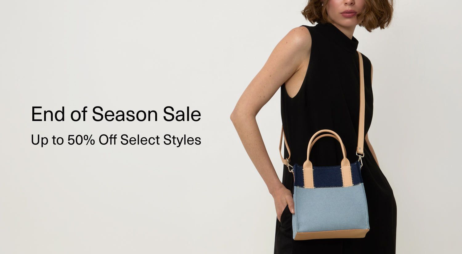 Person wearing a cream jacket and blue jeans with a red crossbody bag. Large yellow text overlays the image, reading 30% OFF select styles.