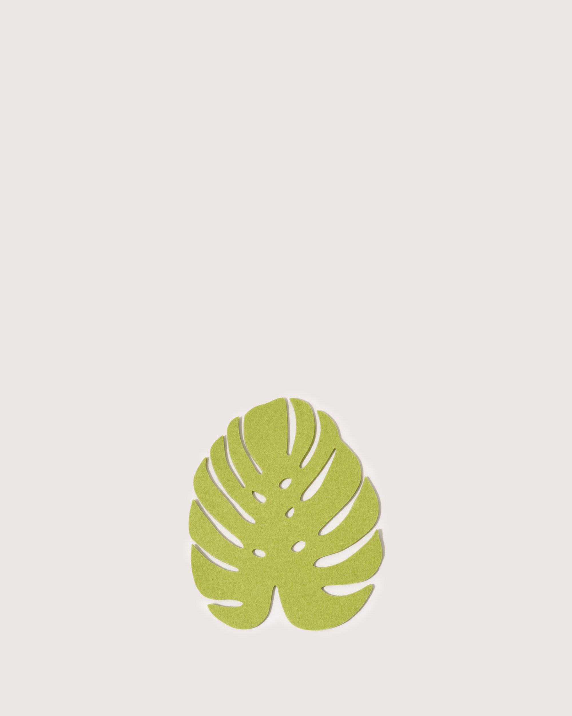 A single green monstera leaf rests on a minimalist off-white background, crafted by graf lantz with sustainable elegance. The leafs distinct split and heart shape create a simple yet striking image.
